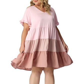Women's Plus Size Babydoll Ruffle Short Sleeve Loose Flowy Swing Hem Chambray V Neck Mini Dress