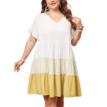 Women's Plus Size Babydoll Ruffle Short Sleeve Loose Flowy Swing Hem Chambray V Neck Mini Dress