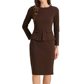 Women's Bodycon Pencil Dress Round Neck 3/4 Sleeve Peplum Wear to Work Office Sheath Dress