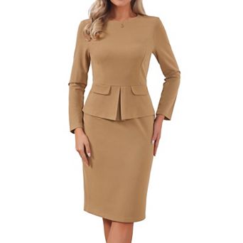 Women's Bodycon Pencil Dress Round Neck 3/4 Sleeve Peplum Wear to Work Office Sheath Dress