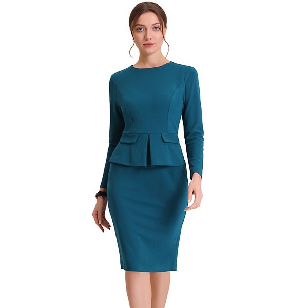 Women s Bodycon Pencil Dress Round Neck 3 4 Sleeve Peplum