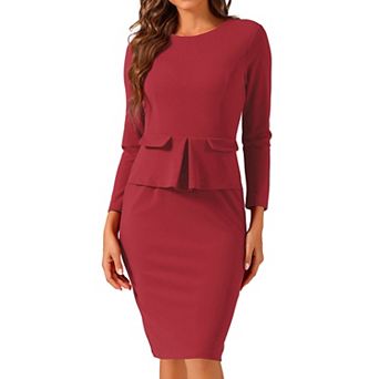 Women's Bodycon Pencil Dress Round Neck 3/4 Sleeve Peplum Wear to Work Office Sheath Dress