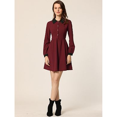 Women's Vintage Peter Pan Collar Contrast Half Placket Long Sleeve A-Line Swing Short Dress