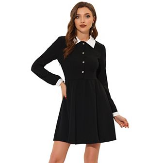 Women's Vintage Peter Pan Collar Contrast Half Placket Long Sleeve A-Line Swing Short Dress