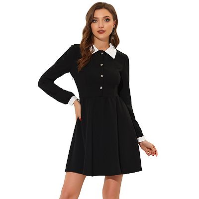 Women's Vintage Peter Pan Collar Contrast Half Placket Long Sleeve A-Line  Swing Short Dress