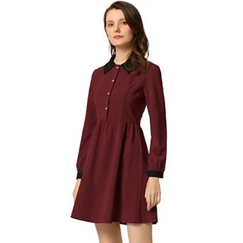 Women's Vintage Peter Pan Collar Contrast Half Placket Long Sleeve A-Line Swing Short Dress