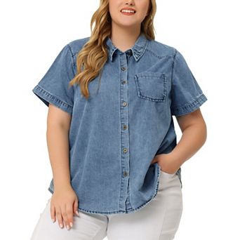 Plus Size Denim Shirt Women Jean Western Shirts Short Sleeve Button Down Tops