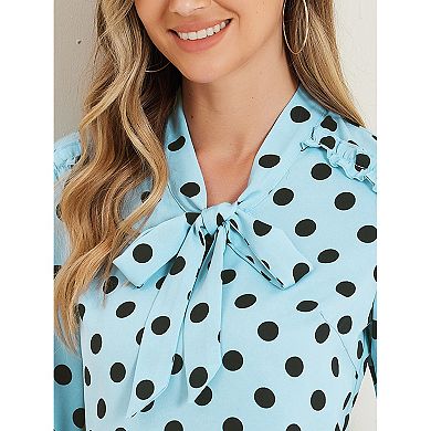 Women's Printed Ruffle Shoulder Elastic Cuff Bow Tie Neck Blouse