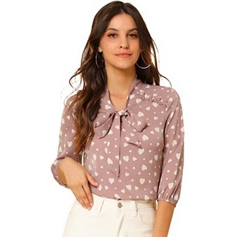 Women's Printed Ruffle Shoulder Elastic Cuff Bow Tie Neck Blouse