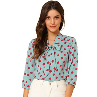 Women's Printed Ruffle Shoulder Elastic Cuff Bow Tie Neck Blouse