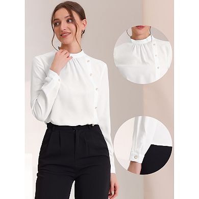 Office Shirts For Women's Elegant Stand Collar Long Sleeve Blouse
