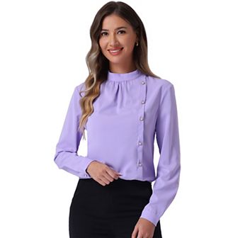Office Shirts for Women's Elegant Stand Collar Long Sleeve Blouse