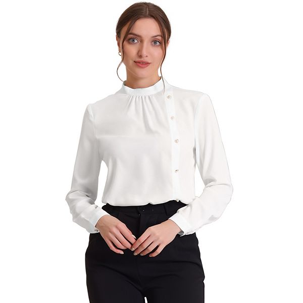 Office Shirts for Women's Elegant Stand Collar Long Sleeve Blouse