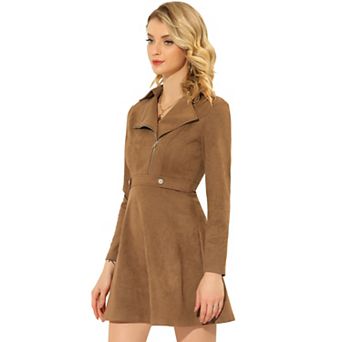 Women's Faux Suede Lapel Collar Long Sleeve Asymmetrical Zipper Dress