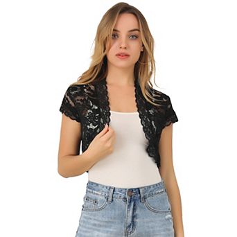 Women's Elegant Short Sleeve Sheer Floral Lace Shrug Top