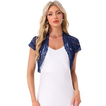 Women's Elegant Short Sleeve Sheer Floral Lace Shrug Top