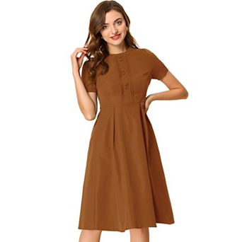Women's Round Neck Short Sleeve Pleated Vintage 1950s Midi Dress