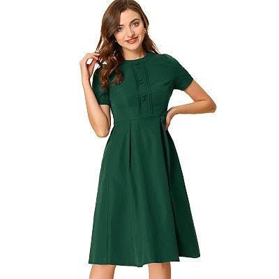 Women s Round Neck Short Sleeve Pleated Vintage 1950s Midi Dress