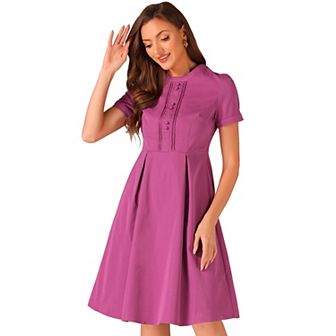 Women's Round Neck Short Sleeve Pleated Vintage 1950s Midi Dress