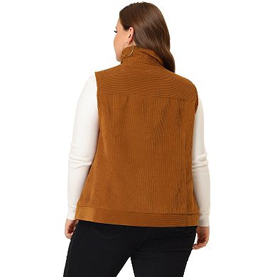 Women's Plus Size Corduroy Sleeveless Jacket Zipper Side Pockets Vest