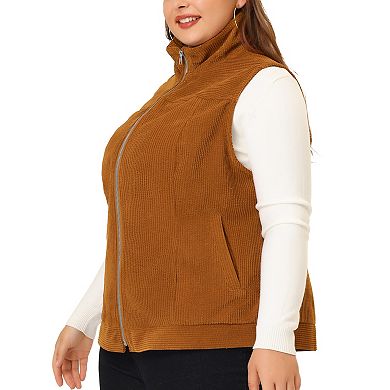Women's Plus Size Corduroy Sleeveless Jacket Zipper Side Pockets Vest
