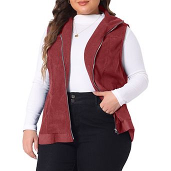 Women's Plus Size Corduroy Sleeveless Jacket Zipper Side Pockets Vest