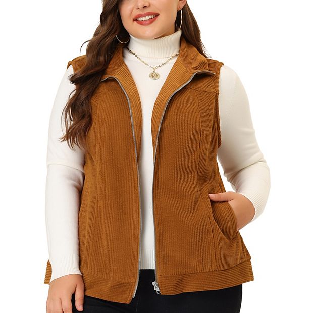 Agnes Orinda Women s Plus Size Corduroy Zipper Side Pocket Casual Sleeveless Fleece Vests Caramel 3X