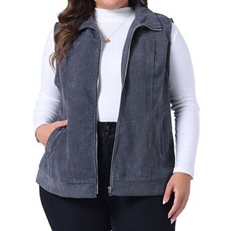 Women's Plus Size Corduroy Sleeveless Jacket Zipper Side Pockets Vest