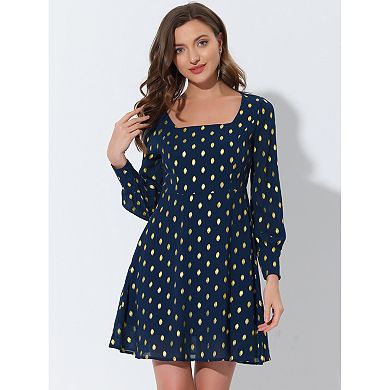Women's Vintage Square Neck Long Puffy Sleeve Metallic Dots Print A-line Dress