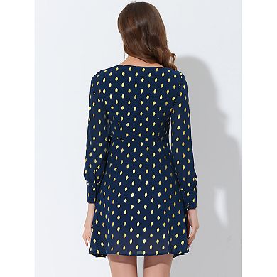 Women's Vintage Square Neck Long Puffy Sleeve Metallic Dots Print A-line Dress