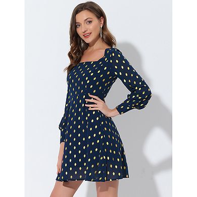 Women's Vintage Square Neck Long Puffy Sleeve Metallic Dots Print A-line Dress