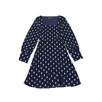 Women's Vintage Square Neck Long Puffy Sleeve Metallic Dots Print A-line Dress