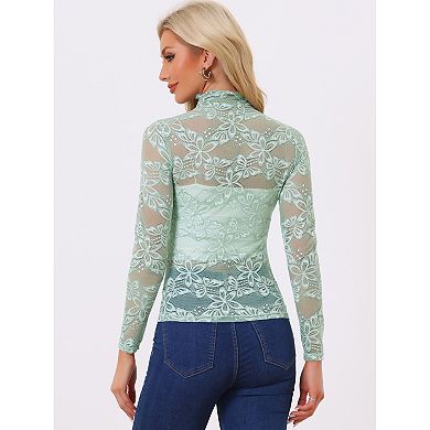 Women's See Through Long Sleeve Turtleneck Sheer Floral Lace Blouse Top