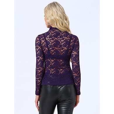 Women's See Through Long Sleeve Turtle-Neck Sheer Floral Lace Blouse Top