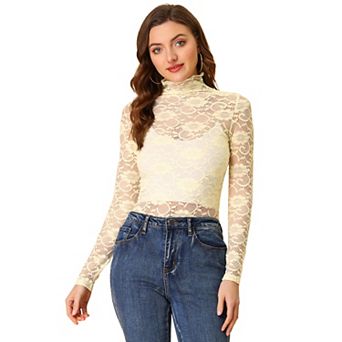 Women's See Through Long Sleeve Turtle-Neck Sheer Floral Lace Blouse Top