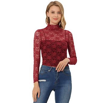 Women's See Through Long Sleeve Turtle-Neck Sheer Floral Lace Blouse Top
