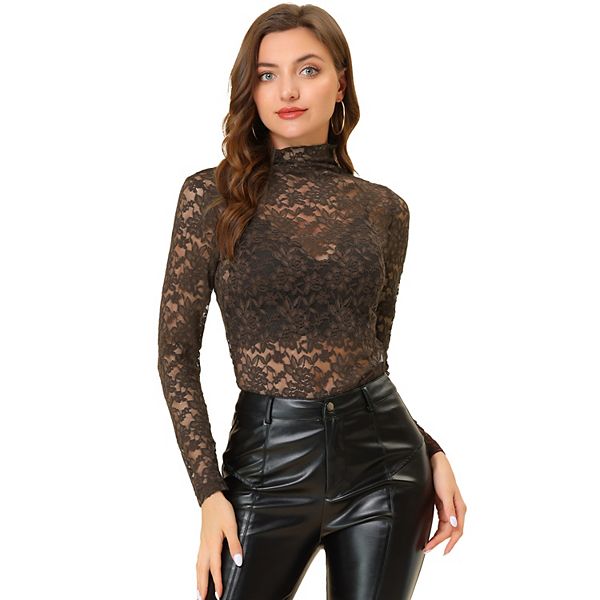 Women's See Through Long Sleeve Turtle-Neck Sheer Floral Lace