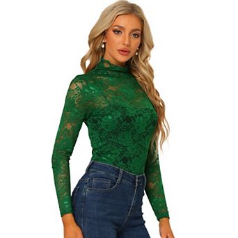 Women's See Through Long Sleeve Turtle-Neck Sheer Floral Lace Blouse Top