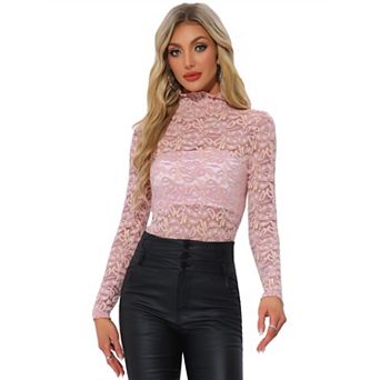 Women's See Through Long Sleeve Turtle-Neck Sheer Floral Lace Blouse Top