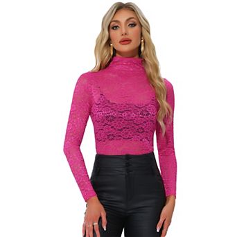 Women's See Through Long Sleeve Turtle-Neck Sheer Floral Lace Blouse Top