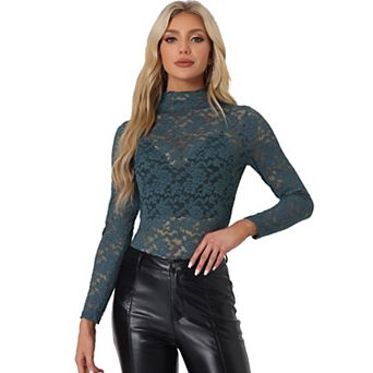 Women's See Through Long Sleeve Turtle-Neck Sheer Floral Lace Blouse Top