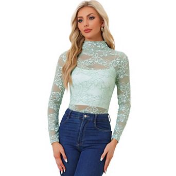 Women's See Through Long Sleeve Turtle-Neck Sheer Floral Lace Blouse Top