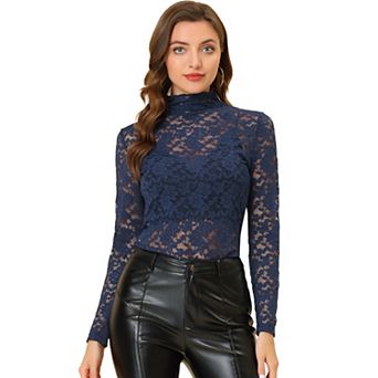 Women's See Through Long Sleeve Turtle-Neck Sheer Floral Lace Blouse Top