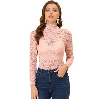 Women's See Through Long Sleeve Turtle-Neck Sheer Floral Lace Blouse Top