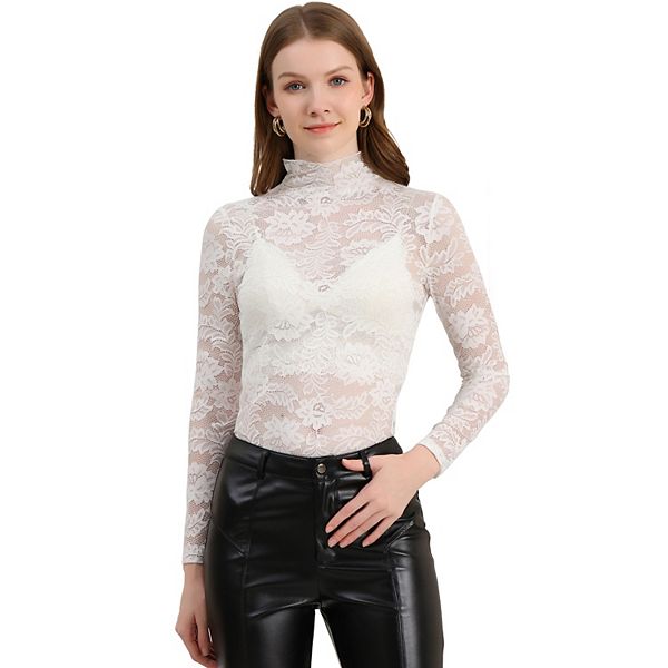 Women's See Through Long Sleeve Turtle-Neck Sheer Floral