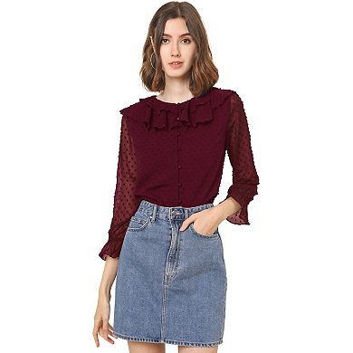Women's Chiffon Swiss Dots Blouse Casual Button Front Ruffled Neck Tops