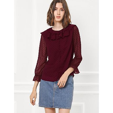 Women's Chiffon Swiss Dots Blouse Casual Button Front Ruffled Neck Tops