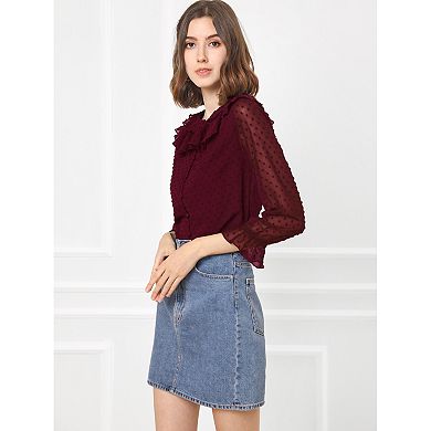 Women's Chiffon Swiss Dots Blouse Casual Button Front Ruffled Neck Tops