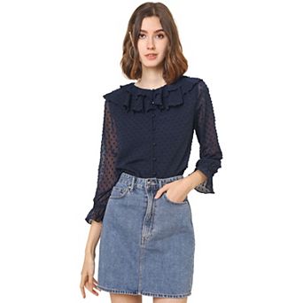 Women's Chiffon Swiss Dots Blouse Casual Button Front Ruffled Neck Tops