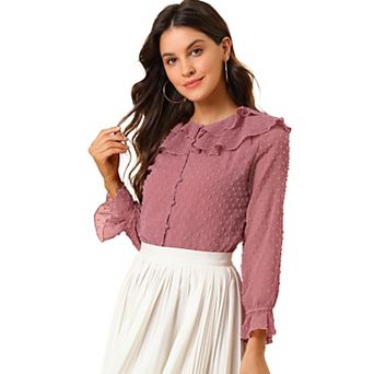 Women's Chiffon Swiss Dots Blouse Casual Button Front Ruffled Neck Tops